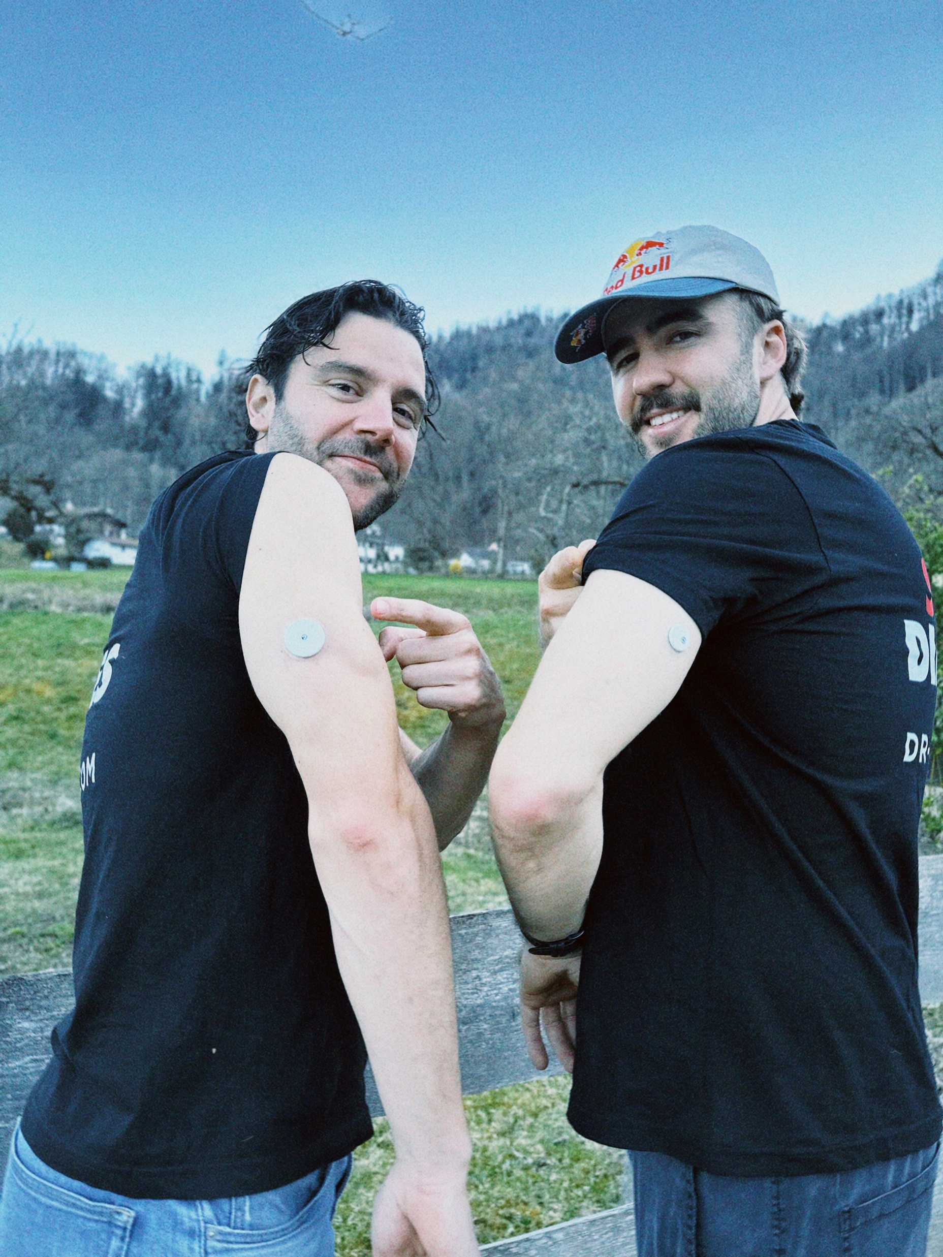 Pedro Dias and Manuel Lettenbichler showing their glucose sensors during the Screw Diabetes project